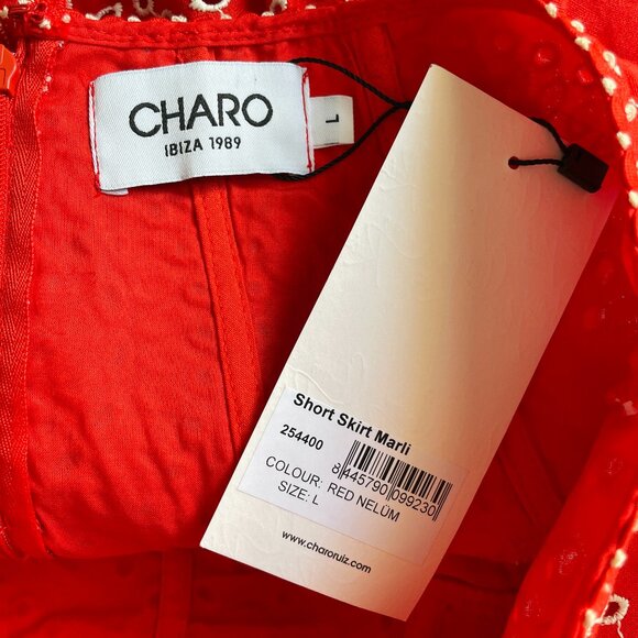 Charo Ruiz Marli Embroidered Mini Skirt L Red Nelum Eyelet Boho Resort - Picture 9 of 12